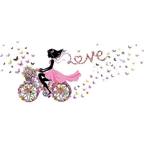 Sticker mural « Filleule d'honneur à vélo » avec papillons et fleurs pour chambre de fille, motif romantique et adorable. (1/5)