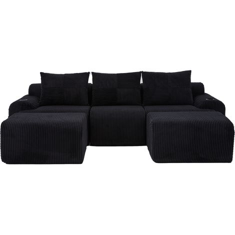 Canapé modulable 3 places en velours côtelé noir avec 2 poufs, porte-gobelet intégré et poche latérale de rangement (1/5)