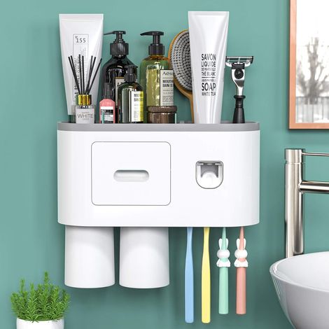 Porte-brosses à dents mural, distributeur automatique de dentifrice avec presse-tube - Support magnétique pour salle de bain et coiffeuse, 4 emplacements pour brosses, 2 gobelets, 1 tiroir à cosmétiqu (1/5)