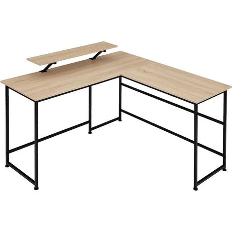 Bureau d'angle + tablette style industriel et loft en bois clair 140x130x76,5cm (1/5)
