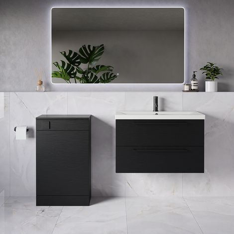 Napoli 390 Nero Oak 1300mm Wall Mounted 2 Drawer Vanity Unit and Toilet Suite with Glide Basin - 1300mm - Matt Black 480mm HandleWithout Kingston Toilet Pan