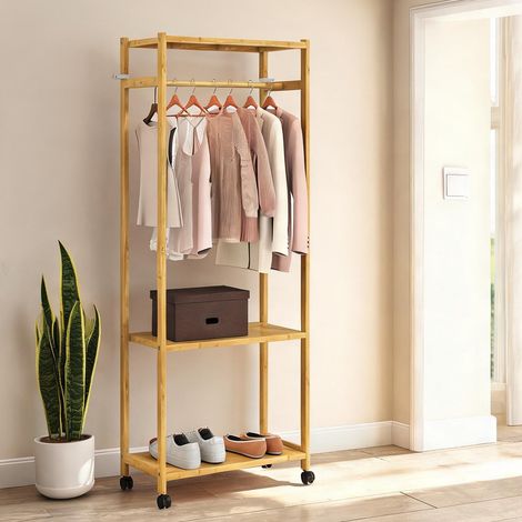 SunJet Porte-manteau, vestiaire sur pied, Portant bambou 2 étagères - Réf. R25087IEL45H (1/5)