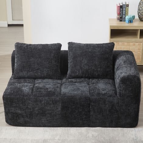 Canapé confortable 2 places, sans montage, canapé moelleux avec coussin, poches latérales pour télécommande et téléphone, pratique et élégant, noir (1/5)
