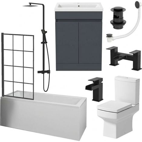 Complete Bathroom Suite 1600mm Bath Black Shower Screen Basin Vanity Toilet Taps (1/5)