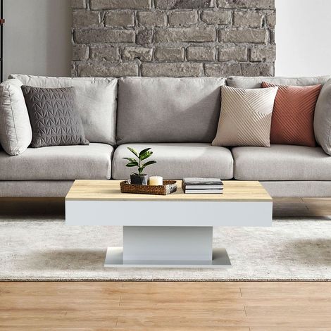Ml-Design – Table basse relevable avec 2 compartiments de rangement – Dimensions 110 x 60 x 40 cm – Chêne Sonoma et blanc – Plateau extensible facile à nettoyer