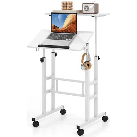 Bureau Assis Debout Mobile, Bureau Ordinateur Portable à Hauteur Réglable avec Plateau Angle Ajustable, 2 Crochets Amovibles et Roulettes, Blanc (1/5)