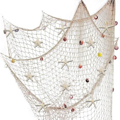 Décoration murale en filet de pêche naturel avec coquillages et 10 étoiles de mer naturelles Filet de pêche sur le thème de l'océan pour la décoration murale de photographie de fête de plage (1/5)