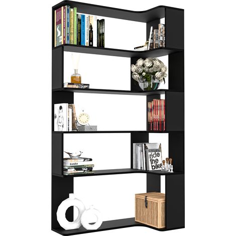 Bibliothèque verticale à 5 niveaux, étagère d'angle facile à nettoyer, armoire de rangement en bois de grande capacité avec 4 dispositifs anti-basculement, 90x48x169cm (1/5)