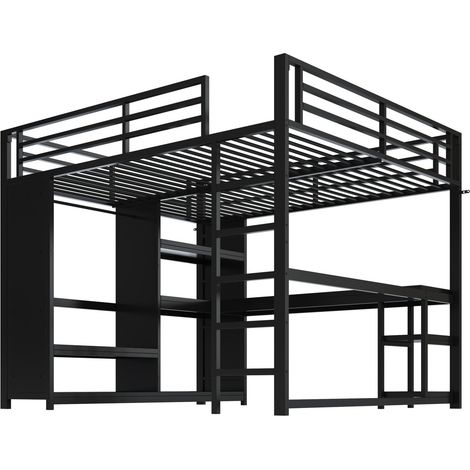 Metall-Hochbett 160x200 cm Schwarz mit Schreibtisch, LED, offenem Kleiderschrank und Stauraum HOMVRA (1/4)