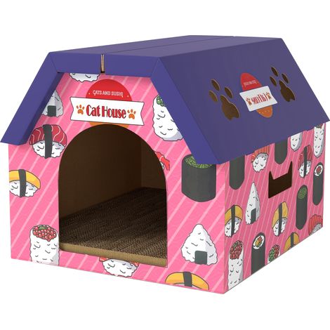 Cat Scratching Board, 2-in-1 Cardboard Cat House Hideaway for Indoor Cats, Pink (1/5)