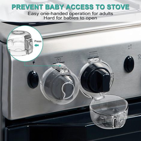 Protections de sécurité enfant pour boutons de cuisinière à gaz (5 pièces), taille universelle, protections transparentes de sécurité enfant pour boutons de four, adaptées aux enfants et aux animaux d (1/3)