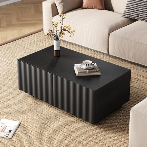 Table Basse - 100x50x40cm - 2 tiroirs de rangement chic design motif de vagues relief moderne salon séjour - Noir (1/5)