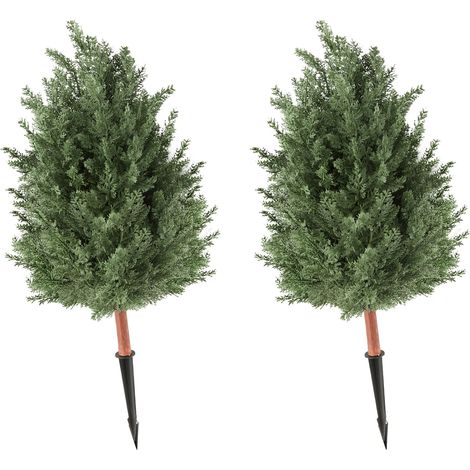 Mophorn Árboles Artificiales para Exterior de 91 cm, Juego de 2 Árboles Topiarios con Hojas de PE, Estacas Incorporadas y Follaje de Cedro, Ideales para Decorar Entradas, Caminos (1/5)