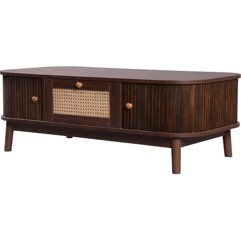Mesa de centro de ratán 110 x 55 x 38,5 cm con almacenaje y patas de madera natural (1/5)