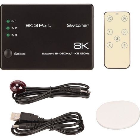 Commutateur HDMI 3 entrées 1 sortie, compatible HDR 8K 60Hz et 4K 120Hz, pour résolution 1080P et qualité multimédia HD.