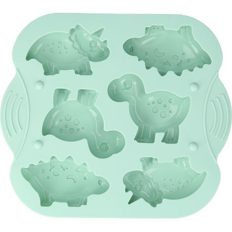 Moule à gâteaux de riz dinosaures en silicone alimentaire vert foncé à 6 cavités, moule à gâteaux de riz animaux à faire soi-même, compatible avec la cuisson à la vapeur et au four. (1/5)