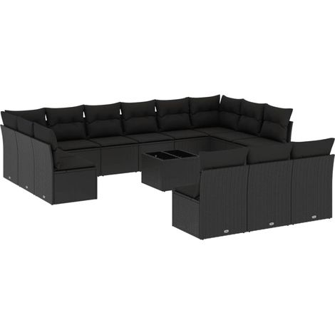 Salon de jardin avec coussins 14 pcs noir résine tressée (1/3)