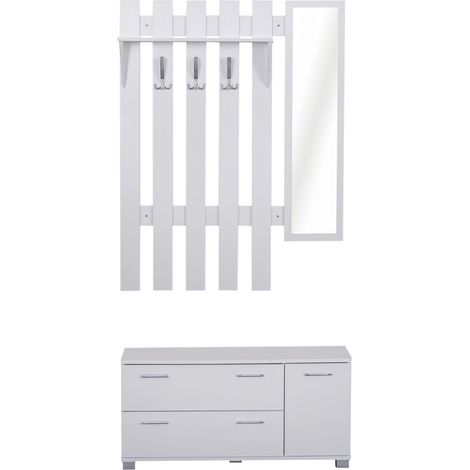 Ensemble d'entrée avec miroir, porte-manteau, étagère à chaussures, 3 crochets, étagère et 2 tiroirs, blanc (1/5)