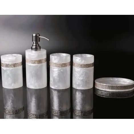 Ensemble de 5 pièces : Flacon de gel douche/savon/flacon de lotion/porte-brosse à dents orné de strass européens (400-500 ml), accessoires de salle de bain. (1/5)