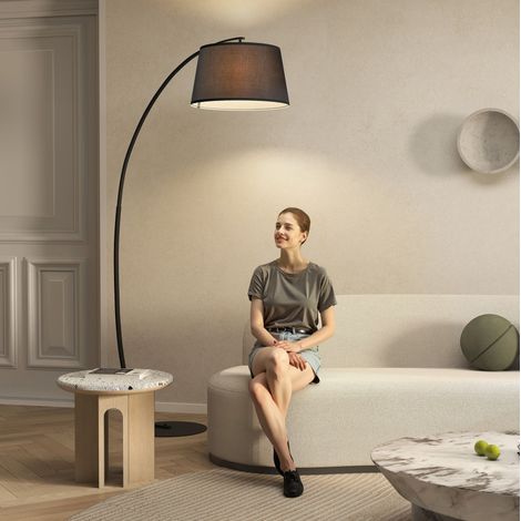 Lampadaire arc en métal noir avec abat-jour en lin, 190 cm (1/5)