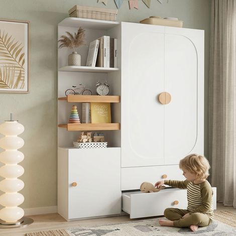 Armoire penderie 125x50x180 cm - 2 tiroirs - étagères ouvertes et rangements fermés - MDF - blanc et naturel (1/5)
