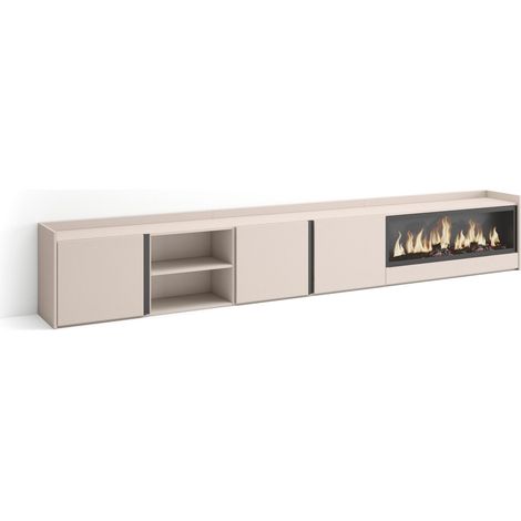 Skraut Home - Meuble TV, Banc Télé, Grand espace de Rangement, 315x35x50cm, Pour les TV jusqu'à 80", Cheminée électrique XXL, Style moderne, Beige (1/5)