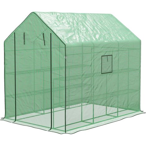 Walk-in Greenhouse with 3 Tier 12 Shelves, Small Greenhouse with Reinforced PE Cover, Garden Plant Growhouse with Roll-up Door Three Mesh Windows, 140 x 213 x 190 cm, Green (1/5)