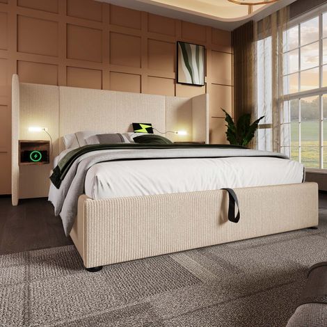 Lit coffre rembourré 160x200 cm avec sommier à lattes inclus, chevets intégrés, lampe de lecture USB Type-C, velours côtelé beige, sans matelas (1/5)