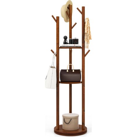 Appendiabiti da terra 42 x 167 cm con base girevole a 360° e 3 ripiani decorativi moderni in legno di caucciù effetto noce 200017419