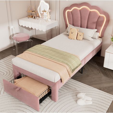 lit adulte rangement 90x190 velours rose LED app RGB HAVRYA (1/5)