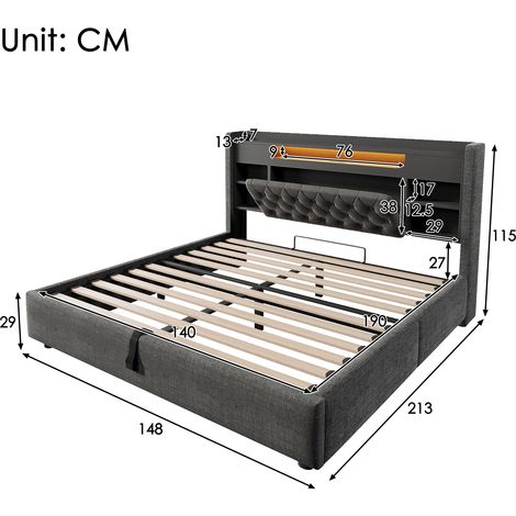 Lit capitonné 140x190 cm avec coffre hydraulique et LED, cadre USB et Type-C, tête avec étagère et rangement, lin gris sans matelas. (1/5)