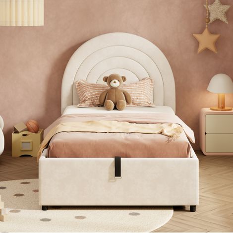 Letto imbottito per bambini in velluto beige 90x200 cm con testiera, rete a doghe e vano contenitore idraulico (1/5)