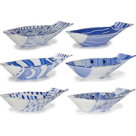 Set 6 Ciotole a Forma di Pesce in Vetro Decorato Piatti Portata Mare Assortiti Blu e Bianco Lunghezza 21,5 cm, per una tavola marina Ideali per Antipasti Aperitivi e Finger Food Professionali.