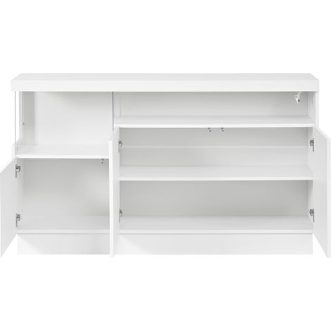 Credenza moderna bianca con illuminazione LED APP e vano espositivo in acrilico, 140 x 36 x 80 cm (1/5)