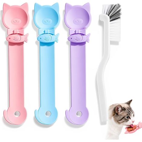 3 Cuillères pour Chat en Silicone avec Fonction Presser, Incluant 1 Brosse de Nettoyage, Faciles à Nettoyer et Réutilisables, Adaptées à la Nourriture Humide et aux Friandises (1/5)