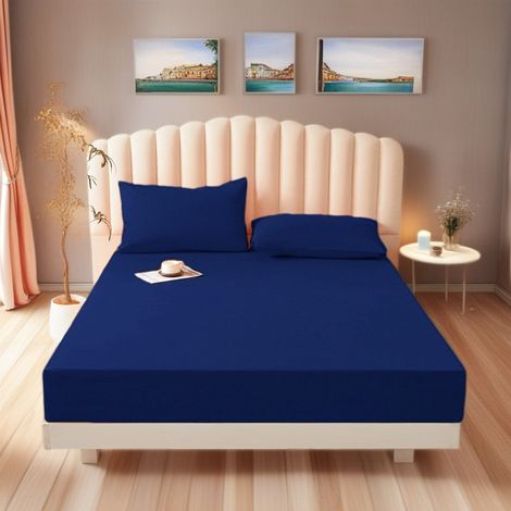 Parure de lit (avec deux taies d'oreiller de 50 x 75 cm), en microfibre de polyester, adaptée aux matelas jusqu'à 30 cm d'épaisseur, 120 x 200 x 30 cm, bleu marine (1/4)