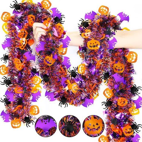 Décor d’automne scintillant : guirlande de citrouilles et chauves-souris de 2 mètres, araignées métalliques et feuilles décorative (1/5)
