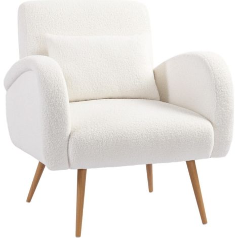 Fauteuils rembourré polaire blanche-accoudoirs et coussin lombaire-pieds métal-fauteuil de lecture-crème (1/5)