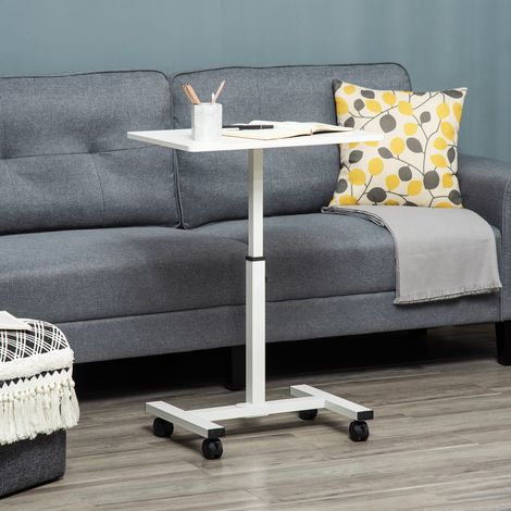 Tavolino laterale con ruote, regolabile in altezza, ideale per divano letto, con struttura in metallo e freni, 60x40x52,5-84 cm, bianco. (1/5)