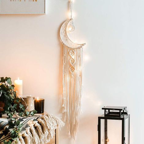 White Wall Hanging with Led Light, Cotton Knitted Dream Catcher Moon Wall Tapestry with Tassels Deco (1/5)