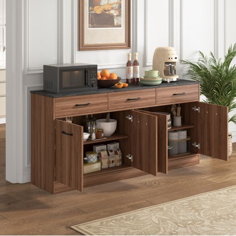MODFU – Credenza cucina 160 cm in MDF noce con 3 cassetti, ripiani regolabili e piano effetto cemento – Noce (1/5)