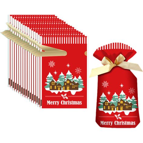 Sac Cadeau Noël - Satin 15 x 23 cm - Fermeture à Cordon - Motifs Festifs - Pour Bonbons, Petits Cadeaux, Fêtes - Lot de 50 (1/5)