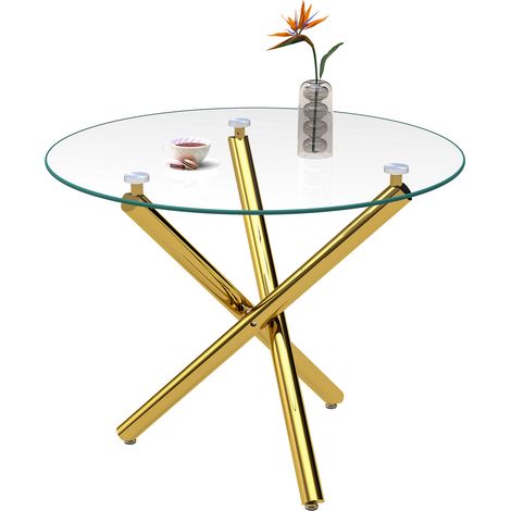 CHICFURN Mesa de comedor redonda 80x80x77 cm de vidrio templado dorado para 2 a 4 personas (1/5)