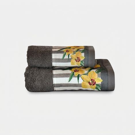 Coppia asciugamani bagno in cotone con bordo stampato Orchidea - Grigio (1/2)
