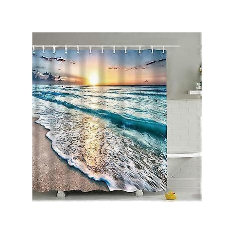 180 x 180 cm Duschvorhang für Zuhause, Duschvorhang mit maritimem Muster, wasserdicht und schimmelresistent, mit Ozean-Strand-Sonnenaufgang-Print, modisches Muster