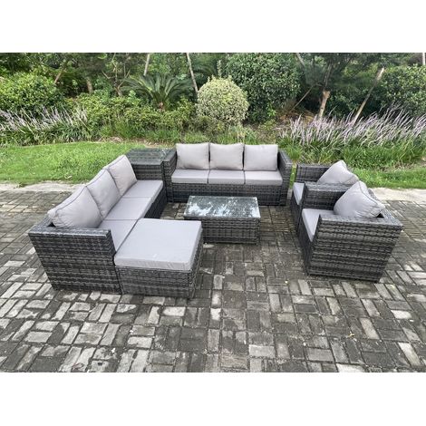 Fimous 9 places Ensemble de meubles de jardin en rotin avec 2 Fauteuil Table basse Tables d'appoint grand tabouret Mélange gris foncé (1/5)