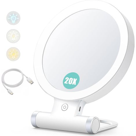 Specchio ingranditore con luce, 20x/1x, bifacciale, specchio per il trucco portatile, illuminazione a 3 colori, touch screen dimmerabile (1/5)
