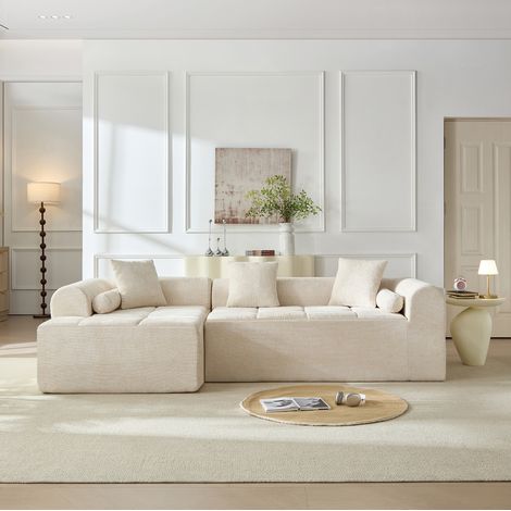 Ecksofa 263 x 132,5 x 68 cm aus beigem Chenillestoff mit Zeitschriftentasche – MEUBLIV (1/5)