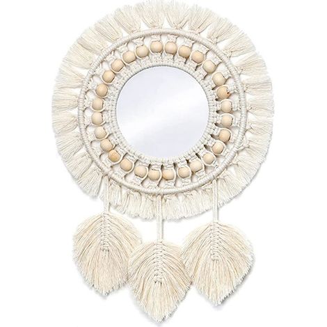 Miroir mural en macramé, décoration murale ronde, miroir suspendu bohème avec plume en macramé, corde en coton faite main, miroir rond pour appartement, chambre, décoration intérieure - Beige (1/5)