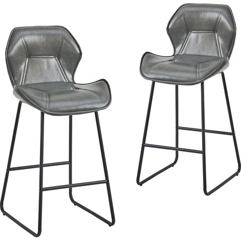 Lot de 2 tabourets de bar modernes en simili cuir gris avec dossier et repose-pieds, structure métallique (1/5)